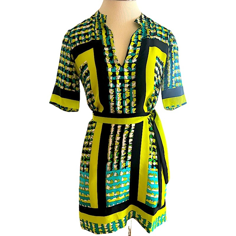 BCBG MAX AZRIA TIDE COMBO KANE SILK PRINT BLOCK DRESS